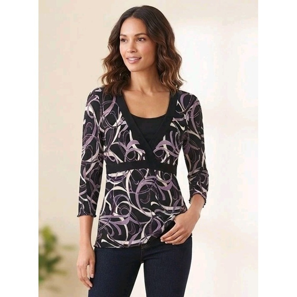 Dressbarn Vintage 90s Y2K Swirl Abstract Print Pleated Top Blouse Purple Trendy